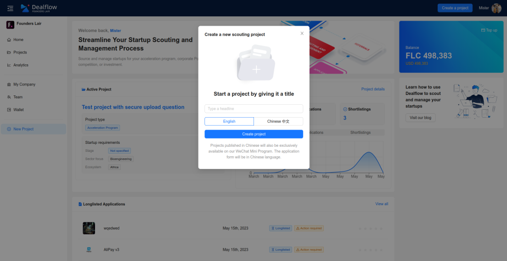 Start creating a project on Dealflow to surce startups