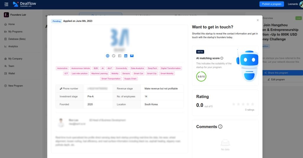 Dealflow startup data room (one pager) with AI scoring