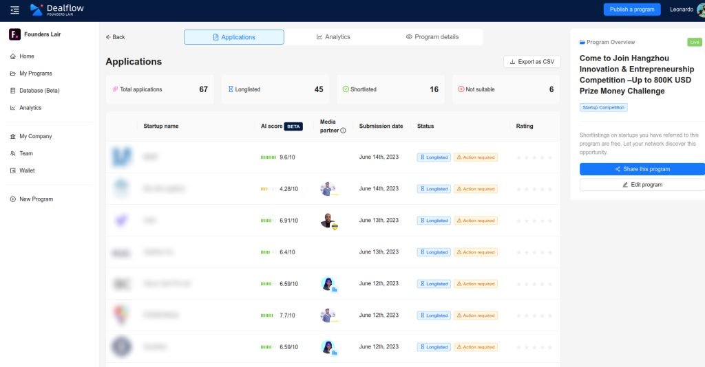 Dealflow startup applications table with AI scoring