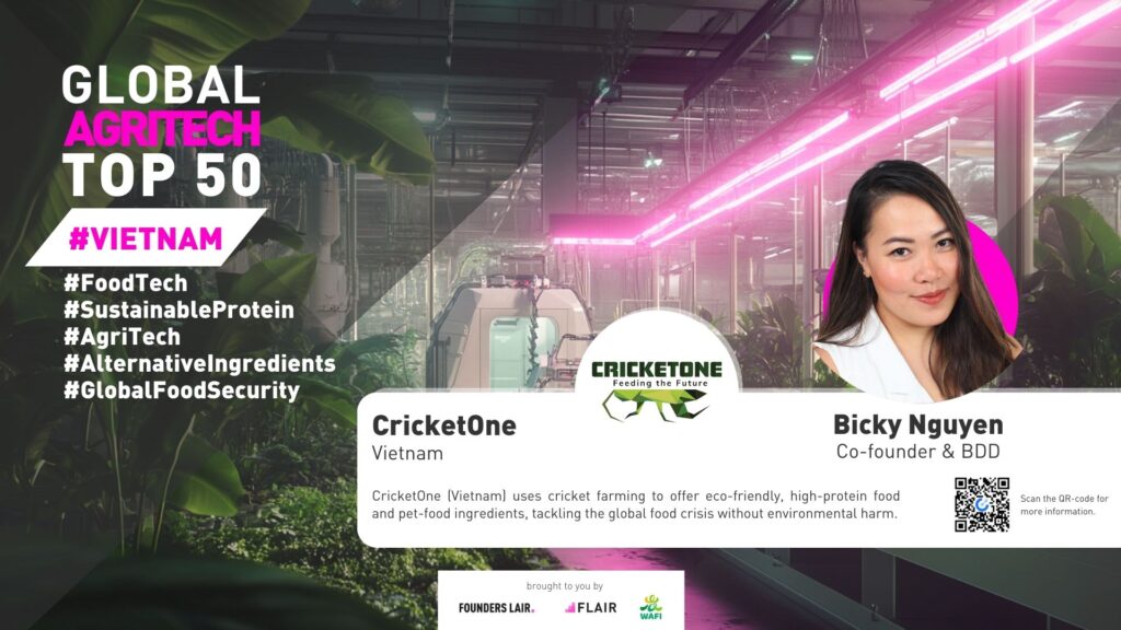 CricketOne (Vietnam) uses cricket farming to offer eco-friendly, high-protein food and pet-food ingredients, tackling the global food crisis without environmental harm.