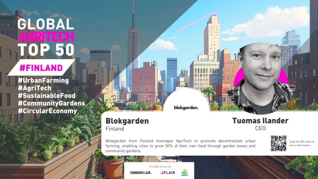 Blokgarden from Finland leverages AgriTech to promote decentralized urban farming, enabling cities to grow 30% of their own food through garden boxes and community gardens.