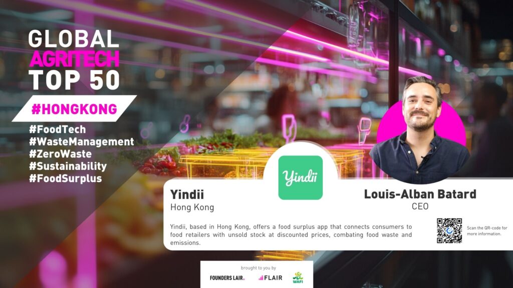 Yindii, based in Hong Kong, offers a food surplus app that connects consumers to food retailers with unsold stock at discounted prices, combating food waste and emissions.