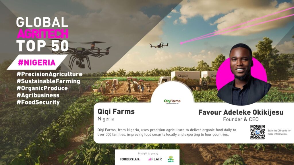 Qiqi Farms, from Nigeria, uses precision agriculture to deliver organic food daily to over 500 families, improving food security locally and exporting to four countries.