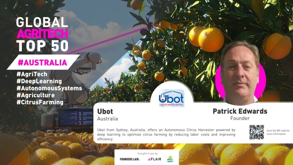 Ubot from Australia reduces labor costs with their Autonomous Citrus Harvester, earning a spot on the Global AgriTech Startups Top 50