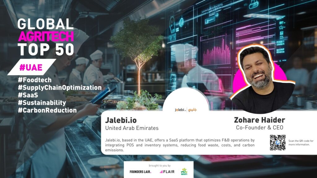 Jalebi.io from the UAE is part of the Global AgriTech Startups Top 50 because of their SaaS platform that optimizes F&B operations.