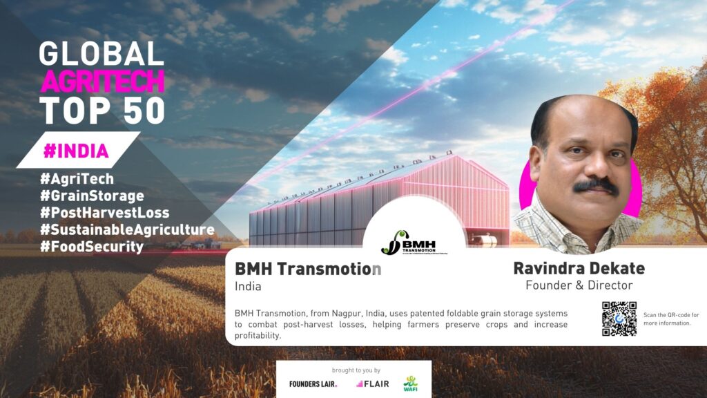 BMH Transmotion, from Nagpur, India, uses patented foldable grain storage systems to combat post-harvest losses, helping farmers preserve crops and increase profitability.