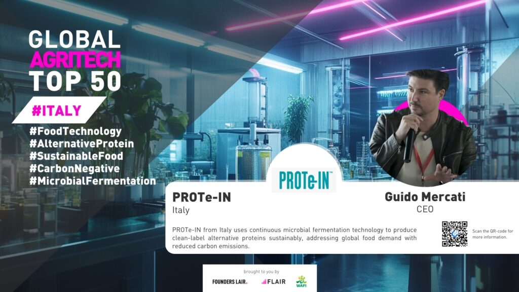 PROTe-IN from Italy uses continuous microbial fermentation technology to produce clean-label alternative proteins sustainably, addressing global food demand with reduced carbon emissions.